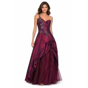 2000s Alyce Burgundy Iridescent One Shoulder Prom Gown Size Large